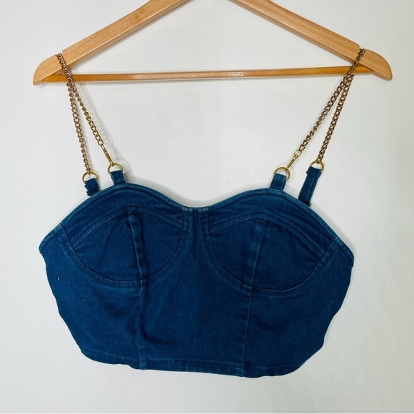 💫 Denim Bustier Gold Chain Crop Top Jean Bralette - Picture 3 of 7